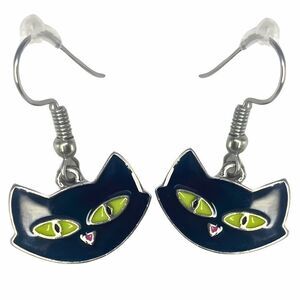 Gothic Black Hep Cat Green Eyes Drop Earrings Halloween Accessory Cat Lovers
